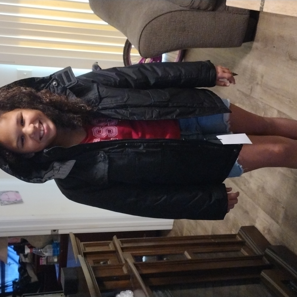 DKNY black hooded jacket Big Girl size medium 10/12.